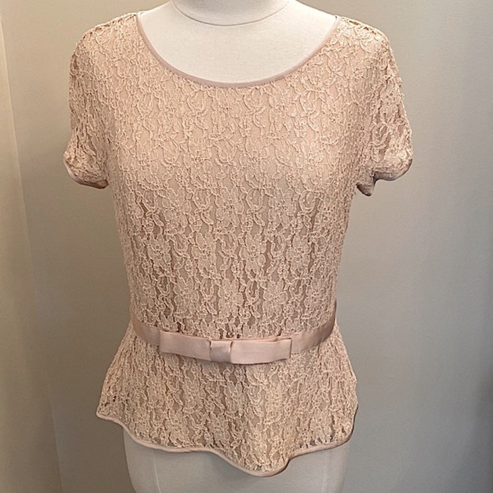Ann Taylor Light Pink Lace Scoop Neck Satin Trim Short Sleeve Top Size 10
